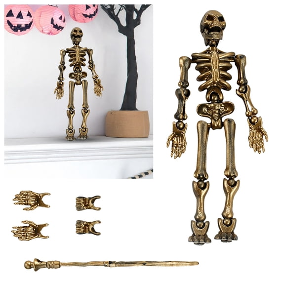 1Pc Gold Plastic Posable Skeleton Action Figure,Fully Articulated Mini Skeleton with Display Stand for Halloween Desk Shelf Decor Collectible,One Size,Gold (Clearance)