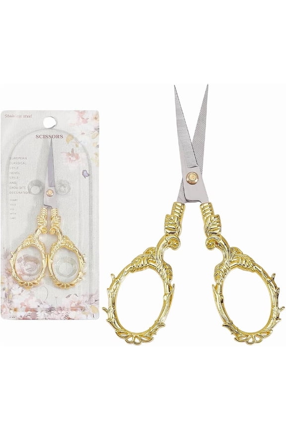 1Pc Gold Sewing Scissors Vintage Embroidery Scissors Vine Small Alloy Stainless Steel Plant Detail European Necklace Blade Shears for Cutting Fabric Needlework Tools Craft Women