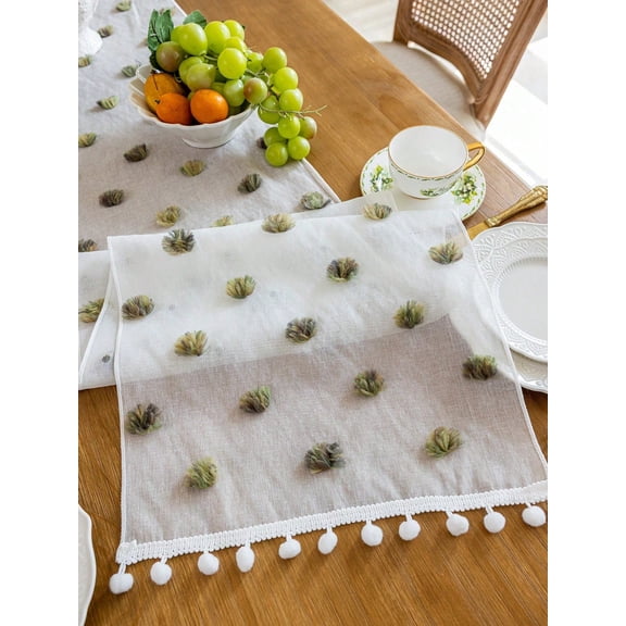 1Pc Green Sheer Mesh Table Runner With Pom Pom Tassel Decor 35x240cm Farmhouse