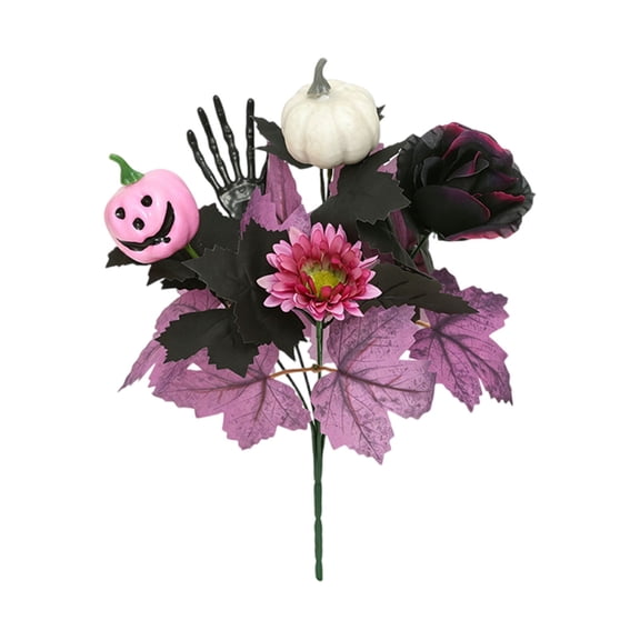 1Pc Halloween Floral Pick, Gothic Purple Leaf Artificial Stem with Skeleton Hand and Jack O Lantern for Spooky Mantel Decor, Purple Skeleton