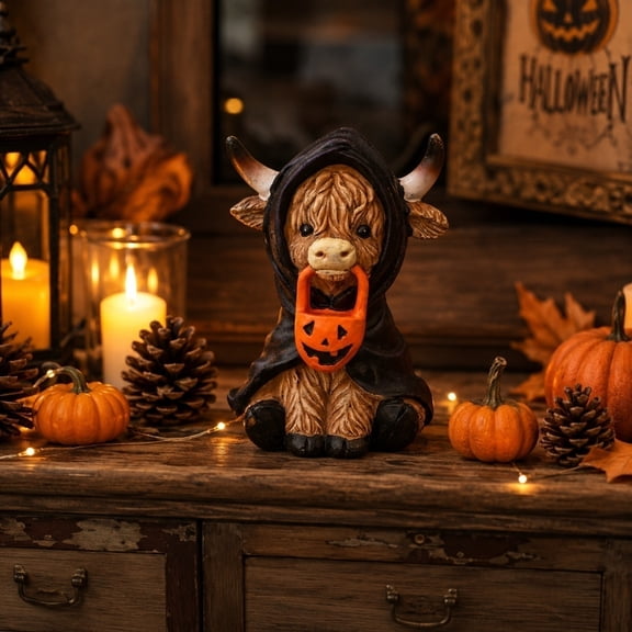 1Pc Halloween Highland Cow Resin Statues Mummy Ghost Witch Decor, Mummy | 3 Cute Halloween Highland Cow Statues, Handpainted Resin, Mummy Ghost Witch Designs for Tiered Tray Shelf Decor & Gifts