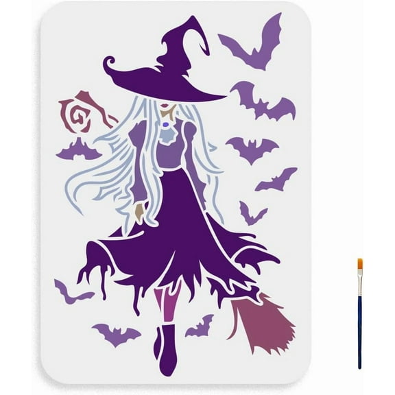 1Pc Halloween PET Hollow Out Drawing Painting Stencils with 1Pc Art Paint Brushes for DIY Scrapbook Photo Album Witch 297x210mm 1pc
