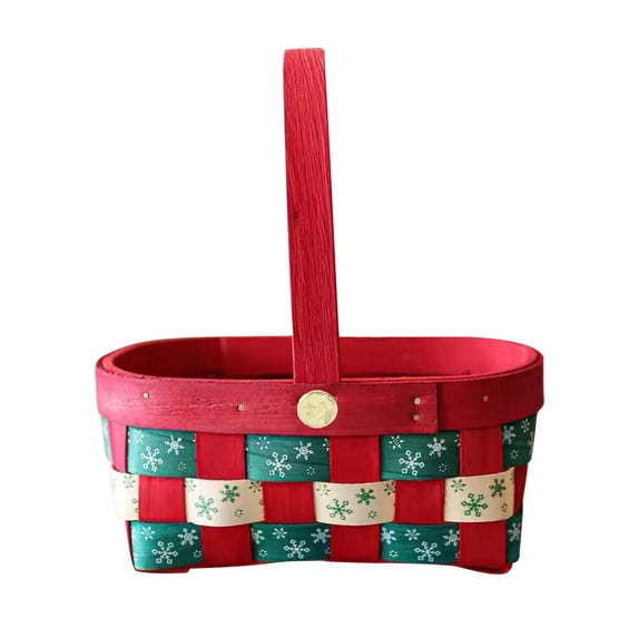 1Pc Hand Woven Christmas Basket, Empty Christmas Basket Holiday Gift Basket, Cute Candy Storage Basket Gift Bag with Foldable Handle, Decorative Farmhouse Storage Container,Red-S