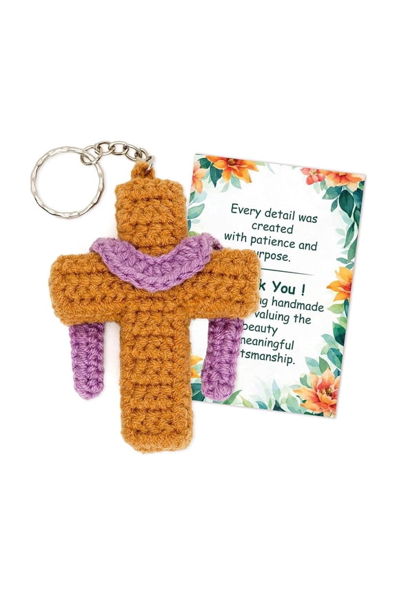 1Pc Handmade Crochet Cross Keychain, Pocket Prayer Cross with Inspirational Card, Religious Christian Faith Gift for Baptism First Communion