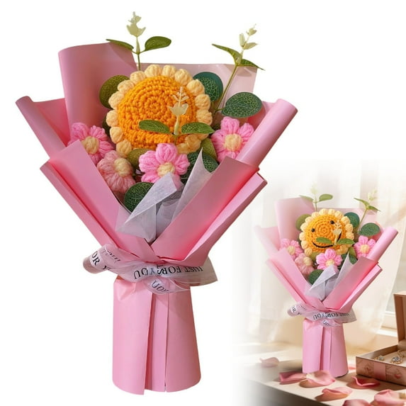 1Pc Handmade Crochet Sunflower Bouquet Knitted Artificial Flowers Birthday Anniversary Present For Wife Mother Women Home Decor,Crochet Flower Bouquet,Handmade Floral Gift,Pink