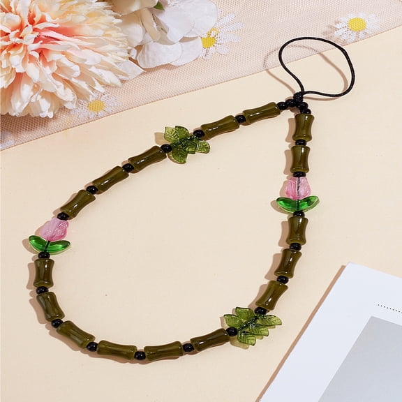 1Pc Handmade Lampwork Acrylic Beaded Mobile Accessories Decoration Bamboo Stick Flower Olive Drab 190mm
