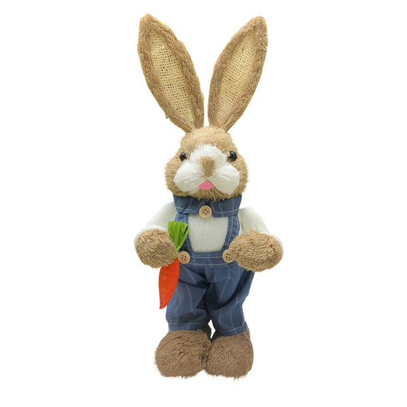 1Pc Handwoven Straw Easter Bunny Figurine, Outdoor Spring decorations, with 35Cm Tall Build & Plaid Overalls, for indoor Bookcase Displays, Front Porch Floors and Backyard Garden