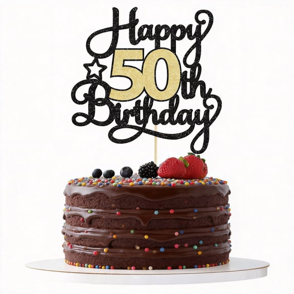 1Pc Happy 50th Birthday Cake Topper, 1Pc Black Gold Glitter, 5.9x8.7in, Paper, for Anniversary, Birthday Party Supplies
