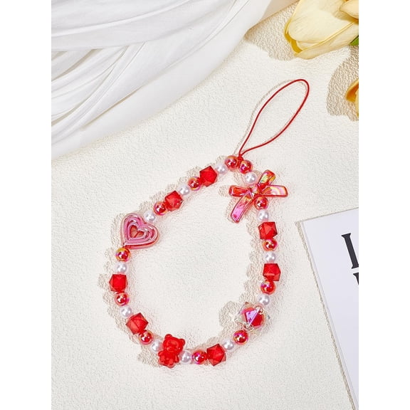 1Pc Heart Bowknot Nylon Rope Mobile Straps Wrist Straps Accessories Lanyard Wristlet Chain Handsets Chain String Non-Lost Beaded Handsets Lanyard for Women Camera Keychain Decoration 217mm