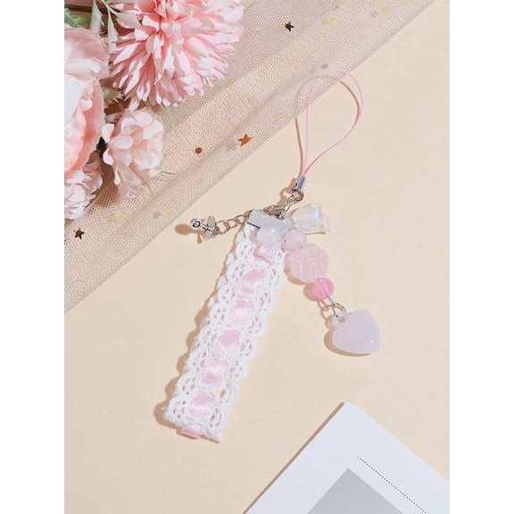 1Pc Heart & Bowknot Ribbon Phone Charm Resin Pendants Mobile Straps with Polyester Fiber Rope Handsets for Women Camera Keychain Decoration 165mm Long Colorful