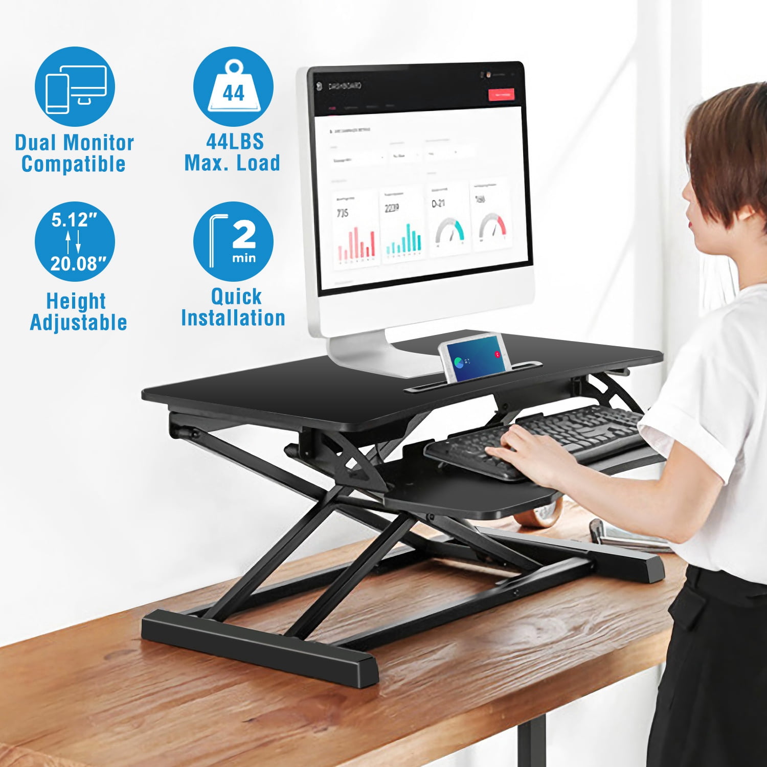 Zorpupoa Height Adjustable Sit Stand Desk Converter for Dual Monitor, 5.12-20.08 in, Black