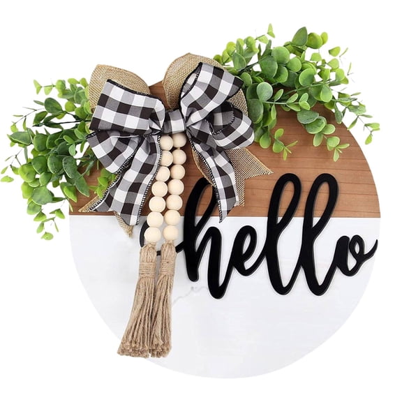 1Pc Hello Door Wreath for Front Door, Spring Wreath 11.8 Inch Farmhouse Door Sign Decoration for Window Decoration Outdoor Front Door Home Decor Wooden Hanging Tag Decoration(White,11.8x11.8")