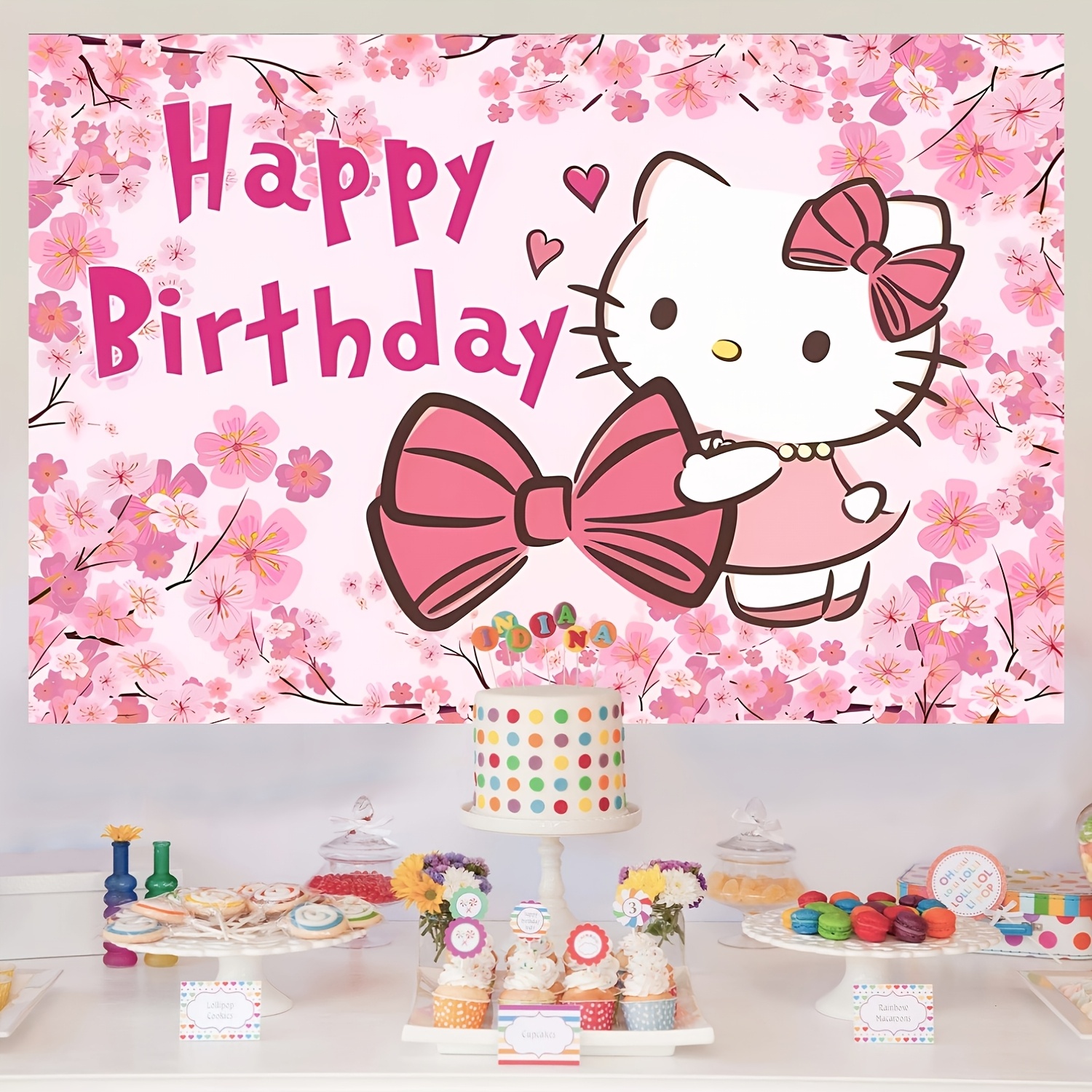 1Pc Hello Kitty Pink Cherry Blossom Birthday Party Background, Cartoon ...