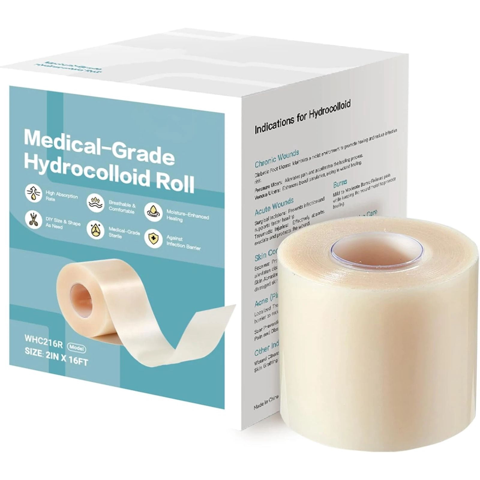 1Pc Hydrocolloid Roll for Wound Care, Hydrocolloid Patch Bandages with Self-Adhesive, Hydrocolloid Tape for Burn, Blister, and Acne Care, Ultra Absorbent, Flexible & Waterproof, 2in x 16ft