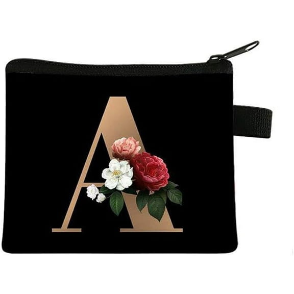 1Pc Initial Letter A Cosmetic Bag with Floral Design Polyester Zipper Wallet Black Change Purse Clutch Bag 11x13.5cm for Women Travel Gift for diy