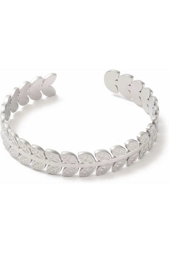 1Pc Inner Diameter 2-1/4 inch 304 Stainless Steel Leaf Open Cuff Bangle Adjustable Inner Diameter 2-1/4 Inch (5.55cm) Cuff Bangle Bracelet Jewelry Gift for Women Mom Wife Mothers Day