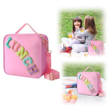 1Pc Insulated Lunch Bag for Women, Cute Preppy Lunch Box w/Adjustable Shoulder Strap, Cooler Bag w/Zippers, Mesh Pockets & Handle, Embroidered Letters Lunch Bag for Classroom Work Travel Picnic, Pink