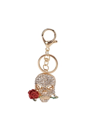 1Pc Key Chains for Car Keys, Skull Keychain, Rose Zinc Alloy Rhinestone Skull Keychain with A Key Rings and Hook for Backpack Rhinestone Accessories 3d Roses, Red