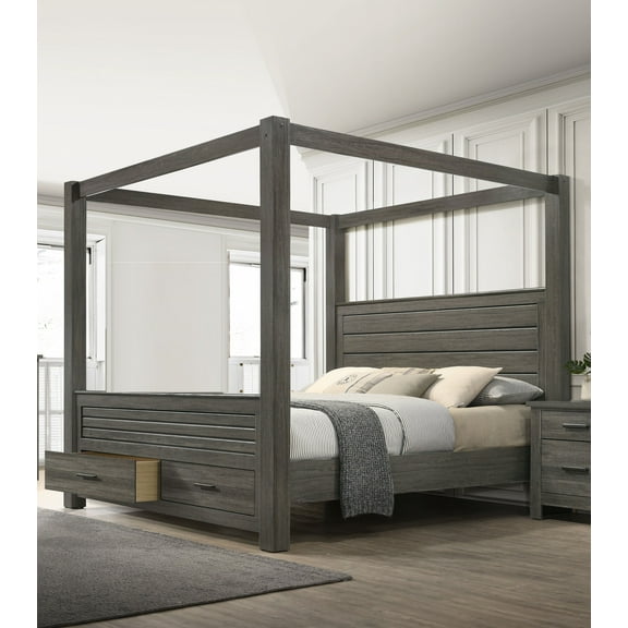 1Pc King Canopy Storage Bed Luxurious Bedroom Furniture Gray