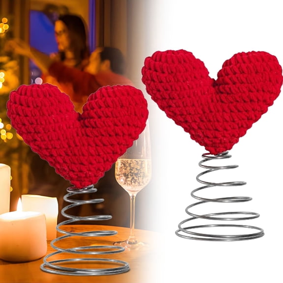 1Pc Knitted Heart Tree Topper,Love Themed Handcrafted Tree Crown,Valentine's Day Knitted Crocheted Heart-Shaped Tree Topper with Spiral Base for Valentine's Day Party Wedding Home Decor Gift,Red