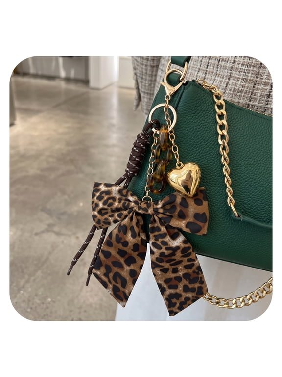 1Pc Leopard Bow Keychain Golden Heart Pendant Bag Charm Acrylic Chain Car Key Holder Handbag Decor Accessory