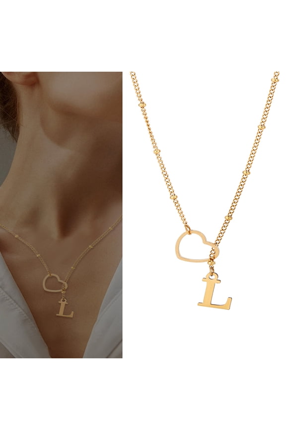 1Pc Letter & Heart Stainless Steel Lariat Necklaces for Women Golden Letter L 16.30~16.63 inch(41.4~42.25cm)