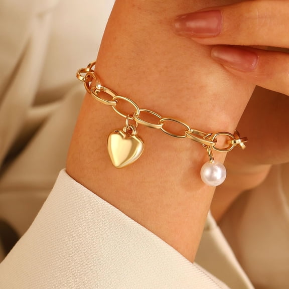 1Pc Light Gold Heart Alloy Charm Bracelets Heart Charm Bracelets Cuff Bracelets with Imitation Pearl