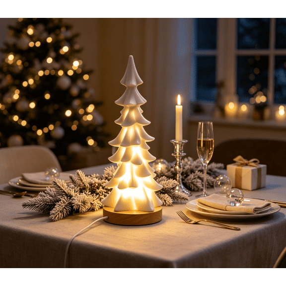 1Pc Lighted Christmas Tree Figurines, Vintage Tabletop Christmas Tree, Retro Illuminated Tree Statue, Ceramic Tree Decor, Battery Operated Centerpiece, Mini Xmas Tree Ornaments for Mantel,White