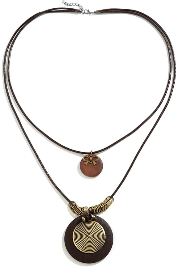 1Pc Long Boho Necklaces for Women,Leather Cord Wooden Disc Round Pendant Necklace,Vintage Western Country Jewelry