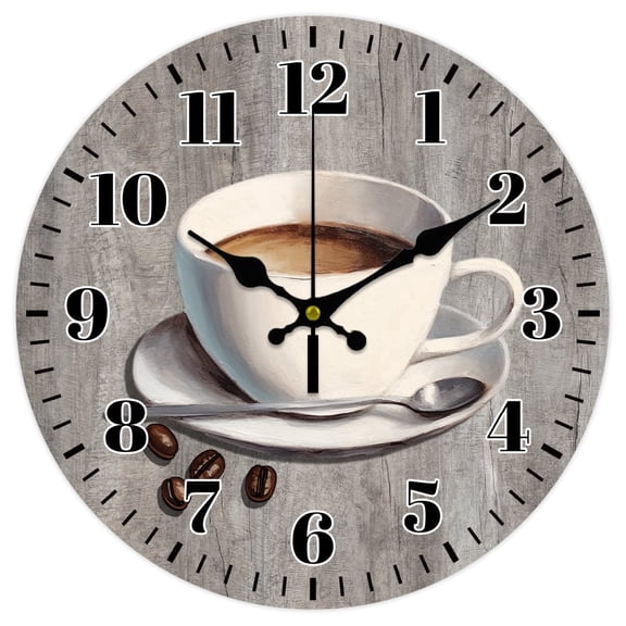 1Pc MDF Printed Wall Clock, 12x12inch Flat Round Wood Wall Clock, Coffee Pattern Battery Operated Clocks, Silent Non-Ticking Wallclock for Home Living Room Bedroom Decoration
