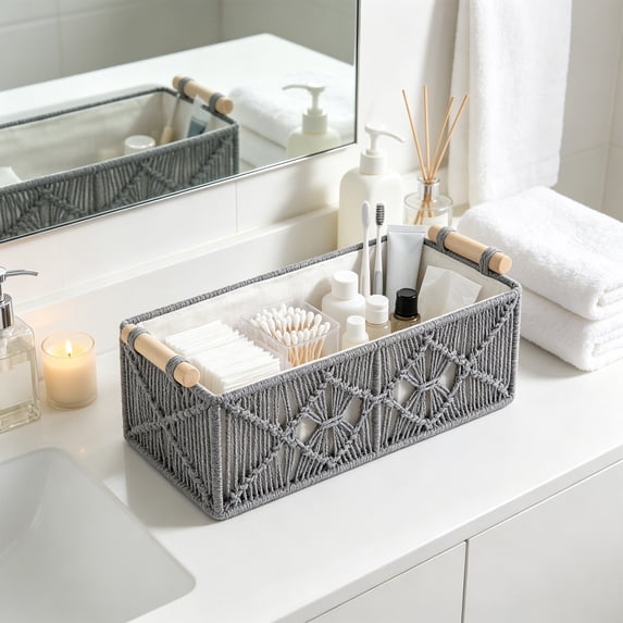 1Pc Macrame Storage Baskets, Boho Bathroom Toilet Paper Holder, Brown | Small Baskets for Organizing, Hand-Woven, Bohemian Beach Coastal Decor, Shelf Vanity Cabinet Bedroom Living Room Office Dorm