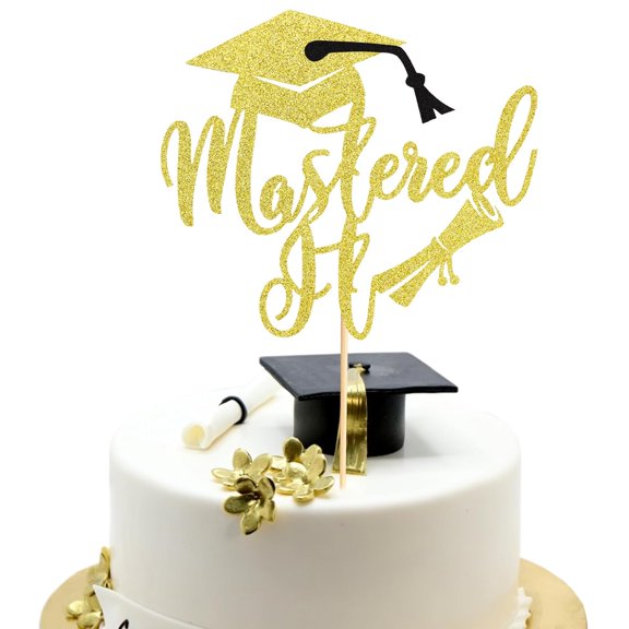 1Pc Mastered It Cake Topper, College Grad, Class of 2025, Congratulations MBA Graduation Party Decorations Supplies - Gold Glitter