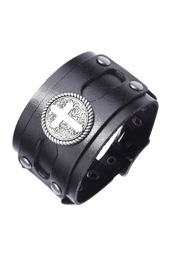 1Pc Men's Punk Wide Braided Cross Leather Wristband Bangle Bracelet Black