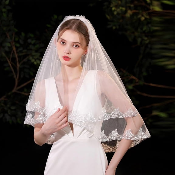 1Pc Mesh Bridal Veils 830mm White Polyester Short Tulle Hair Accessories Metal Hair Comb Stylish Veils with Flower Pattern