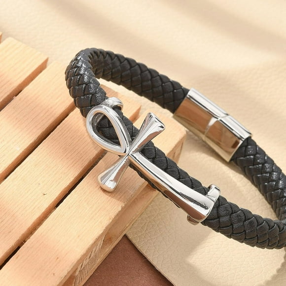 1Pc Microfiber Cord Bracelets 304 Stainless Steel Bracelets for Women Men Cross Black 8-5/8 inch(22cm)