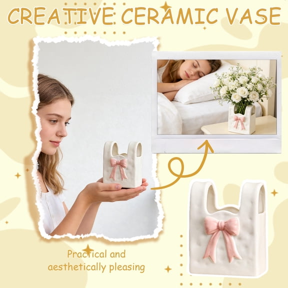 1Pc Mini Ceramic Vase, Creative Desktop Flower Vessel With Cute Bowknot Design, Exquisite Ornament For Valentine's Day Gifting And Home Tabletop Decoration