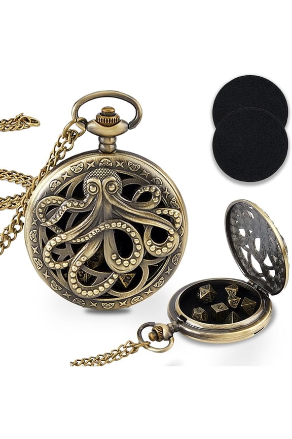 1Pc Mini DND Dice Set Bronze Octopus Mechanical Pocket Locket Pendant Necklace with 7Pcs Dices Role Playing Game Board Game Accessories for Xmas Birthday Graduation Gifts Colorful