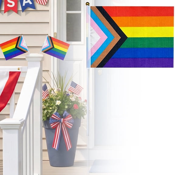 1Pc Mini Handheld Progress Pride Stick Flag,8.3X5.5" Rainbow Hand Flag, Vivid Polyester Small Pride Flag on Pole, Lightweight Parade Decor Flag for Party, Festival, Celebration Supplies