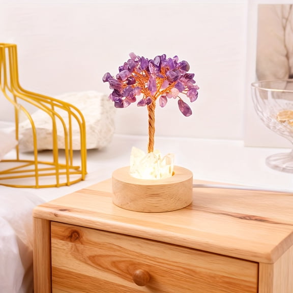 1Pc Natural Crystal Chip Money Tree Table Lamp, Handmade Clear Crystal Night Light with Single Crystal Base, USB Powered Decor Bedside Ambient Lamp