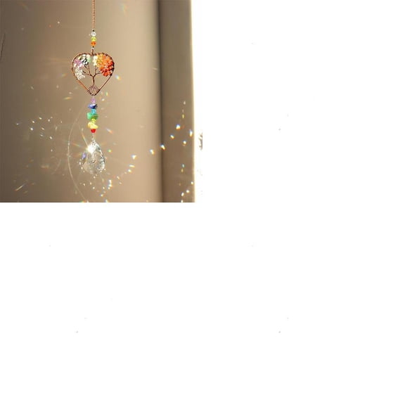 1Pc Natural Mixed Stone Chip Wrapped Heart with Tree of Life Hanging Ornaments Glass Teardrop Tassel Suncatchers for Home Outdoor Decoration 180mm