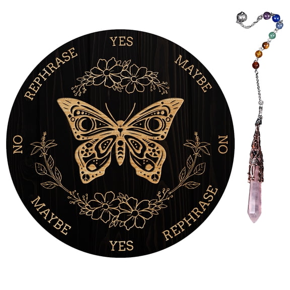 1Pc Natural Rose Quartz Dowsing Pendulum Pendant with 1Pc Wood Pendulum Board for Supplies Butterfly Pattern Pendant: 29~29.7cm Board: 20x0.4cm