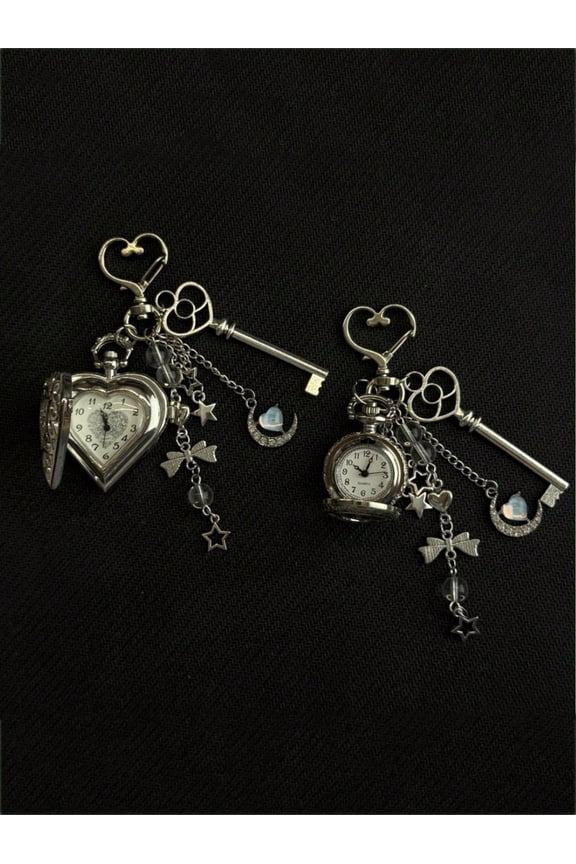 1Pc Original Hollowed Out Heart Shaped Pocket Watch Chain Keychain Design Steampunk Clock Retro Necklace Pendant Jewelry Watch For Couples Hanging Accessories Keycha