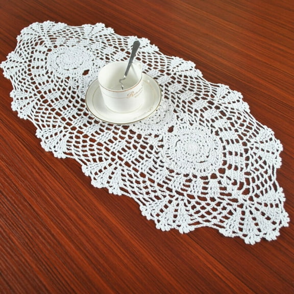 1Pc Oval Cotton Hand Crocheted Lace Table Runner Doilies Dresser Scarf, White