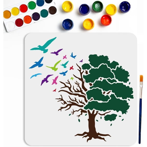 1Pc PET Hollow Out Drawing Painting Stencils for DIY Scrapbook Photo Album with 1Pc Art Paint Brushes Tree 300x300mm