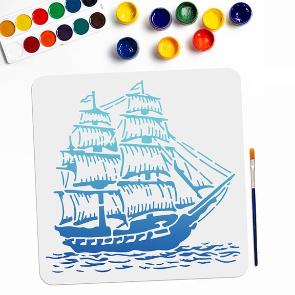 1Pc PET Hollow Out Drawing Painting Stencils with 1Pc Art Paint Brushes Sailboat Stencils: 300x300mm