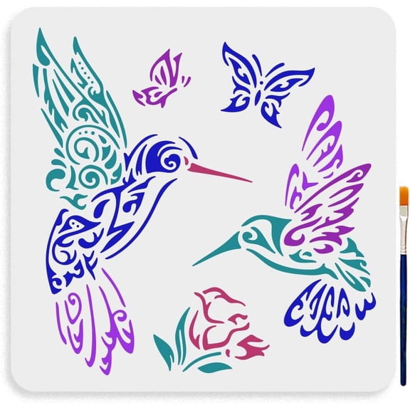 1Pc PET Hollow Out Drawing Painting Stencils with 1Pc Art Paint Brushes for DIY Scrapbook Photo Album Bird 300x300mm Colorful