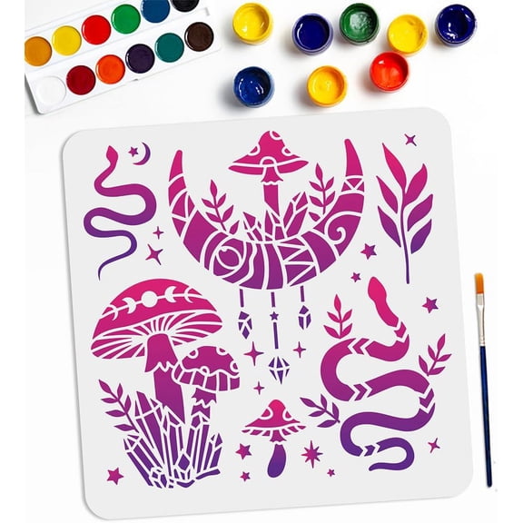 1Pc PET Hollow Out Drawing Painting Stencils with 1Pc Art Paint Brushes for DIY Scrapbook Photo Album Mushroom 300x300mm