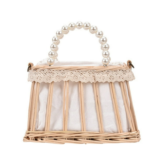 1Pc Pearl Square Straw Woven Portable Beach Bag Tote Bag for Women
