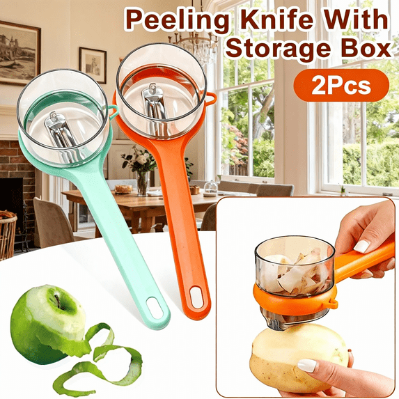 1Pc Peeling Knife with Storage Box, Multifunctional Peeler with Built-in Container, Double Sided Stainless Steel Blade for Carrot Potato Vegetable, Kitchen Tool with Hanging Hole