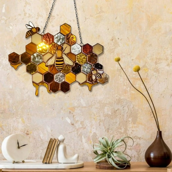 Household Pendant Promotion Sale! Nomeni Bee Honeycomb Hanging Honeycomb Wall Hanging Suncatcher Stained Indoor Outdoor Hanging Art Ornament for Yard Garden Ornament, Home Decor Clearance Sale